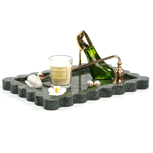 Scalloped Green Marble Tray - Large Home Decorative Stone Vanity Perfume Candle Plates for Bathroom Accessories Coffee Table, Key Dish for Kitchen Countertop Entryway (10.6" x 7.4" x 0.8")