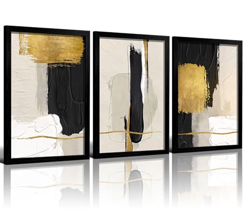 RZIGERNO 3 Pcs Black Gold Beige Abstract Wall Art, 12x16 Inch Black Framed | Minimalist Textured Geometric Picture Print, Luxury Canvas Painting Wall Decor for Living Room Bedroom, Ready to Hang - color: Black Frame Black and gold abstract, size: 16"L x 1