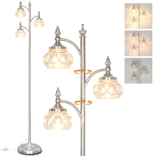 JUNNAI Brushed Nickel Floor Lamp 66.5'' Tall Standing Lamp Dimmable Tree Floor Lamps with 3 LED Lights Glass Shades Silver Lamp for Living Room Bedroom Office(3 Bulbs Included) - color: Silver