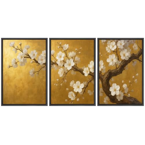 wall26 Framed Canvas Print Wall Art Set Golden Cherry Blossom Tree Elegant Floral Illustrations Fine Art Decorative Rustic for Living Room, Bedroom, Office - 16"x24"x3 Black - color: A18-2510-edw08, size: 16" x 24" x 3 Panels BLACK