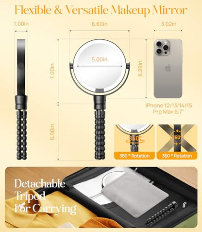Gospire 5.85” Tripod Travel Makeup Mirror with Light and Magnification - color: Black
