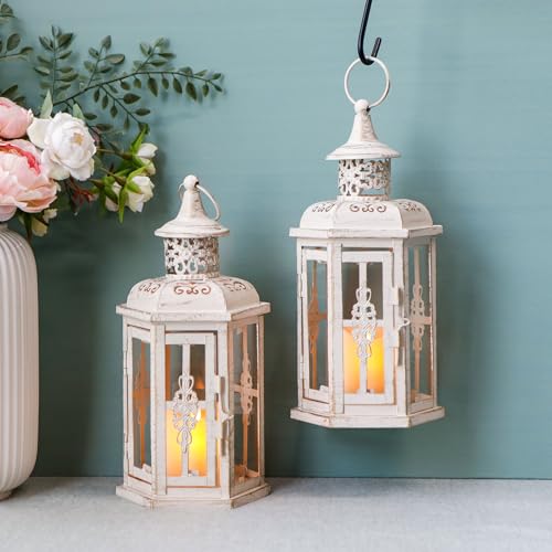 JHY DESIGN Set of 2 Rustic Decorative Lanterns 10" H Vintage Hanging Lantern Metal Candleholder for Indoor Outdoor, Events, Parities, Patio and Wedding(White with Gold Brush) - color: Set of 2 10"h White