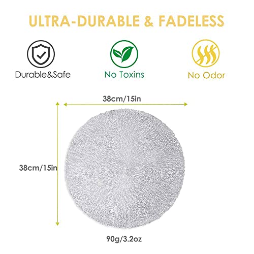 GIVERARE Placemats Set of 4, Round Heat-Resistant Vinyl Placemat, 15 inch Non-Slip Washable PVC Table Mat, Easy to Clean Premium Plastic Mats for Dining, Kitchen Table (Bright Silver) - color: Bright Silver