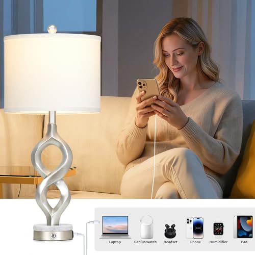 Cinyirong Silver Table Lamps Set of 2 for Living Room, 30" Tall Touch Control Bedside Lamps for Bedroom Nightstand, 3-Way Dimmable Modern Sculptural Table Lamp with USB A+C Ports and 2 LED Bulbs - color: Silver (2 Pack)