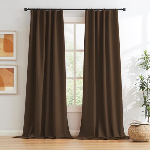 KEQIAOSUOCAI Brown Faux Linen Blackout Curtains 45 Inch Long 2 Panels Back Tab Rod Pocket Hook Belt Window Curtain Drapes for Bedroom 34W x 45L - color: Brown, size: 34"W x 45"L (Pack of 2)