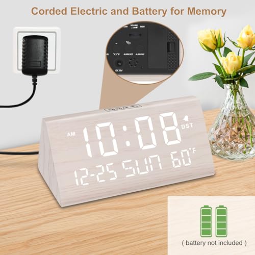 DreamSky Digital Alarm Clock for Bedrooms - Wooden Desk Clock with Date - color: White