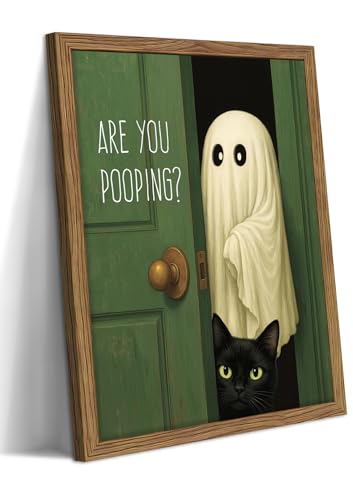 Funny Halloween Bathroom Wall Art, Vintage Cute Ghost Cat Canvas Wall Decor Paintings, Funny Are You Pooping Artwork Poster Print Picture for Bathroom Restroom 8x10 Inch Framed - color: Cute Ghost Bathroom, size: 10"L x 8"W