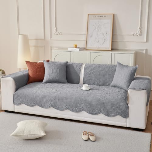 vctops Boho Cotton Quilted Couch Cover Soft Embroidered Sofa Cover Non-Slip Dog Bed Cover Scalloped Sofa Slipcover Washable Furniture Protector Cover (Light Grey,28"x70") - color: Light Grey, size: 1pc/28"x70"/Rectangular