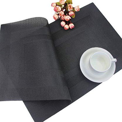 PIGCHCY Placemats,Washable Vinyl Woven Table Mats,Elegant Durable Placemats for Dining Table Set of 4 (18 x 12 inches, Pure Black) - color: Box: Black Pure, size: 4 Placemats