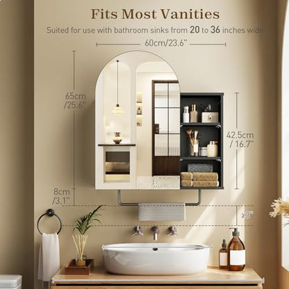 RALGEND Arched Bathroom Medicine Cabinet Mirror with Storage, Modern Arch Mirrored Cabinets, Wall-Mounted Vanity with 2 Adjustable Shelves & Towel Bar, Not Recessed, Black - color: Black