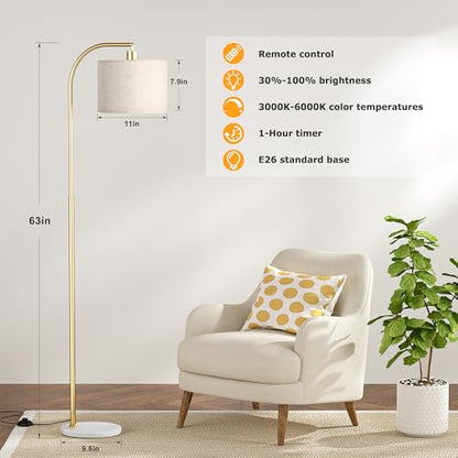 Ambimall Arc Floor Lamp with Remote and Stepless Dimmable Bulb, Colors Temperature & Brightness Adjustable, Gold Pole & Marble Base - color: gold & marble