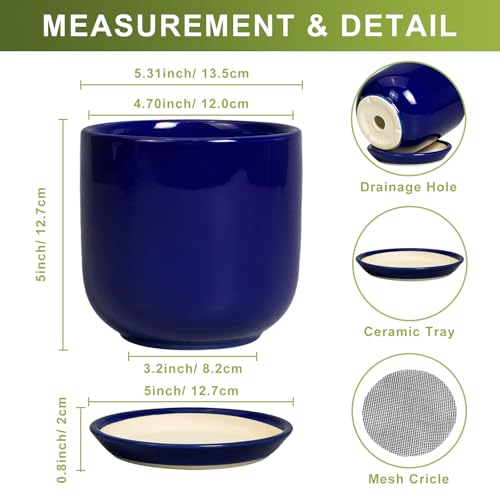 Succulent Pot 5 Inch, Modern Ceramic Planter, Blue - color: Dark Blue, size: 5.3 Inch