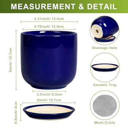 Succulent Pot 5 Inch, Modern Ceramic Planter, Blue - color: Dark Blue, size: 5.3 Inch