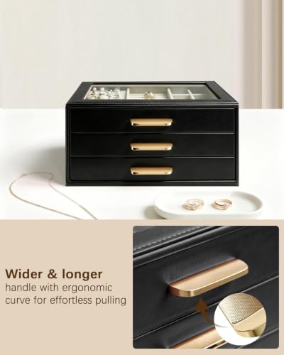 Homeanda Jewelry Boxes Organizer with Glass Lid, 3-Layer PU Leather, Black - color: Black, size: 3 Layer