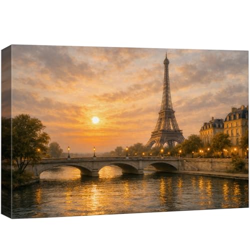 wall26 Canvas Print Wall Art Paris Eiffel Tower Sunset over the Seine River Cityscape Photography Realism Chic Landscape Colorful Multicolor for Living Room, Bedroom, Office - 12"x18" - color: A33-2512-SAR08, size: 18"L x 12"W