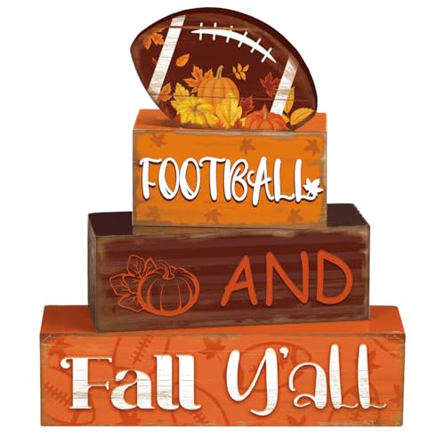 4 Pcs Fall Football Table Decor Football Wooden Blocks Signs with Sayings - style: Football