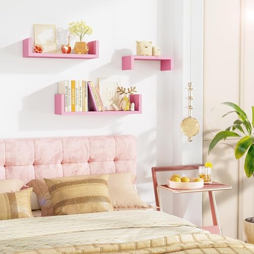 SRIWATANA Pink Floating Shelves, Set of 3 Solid Wood Wall Mounted Shelves - color: Pink