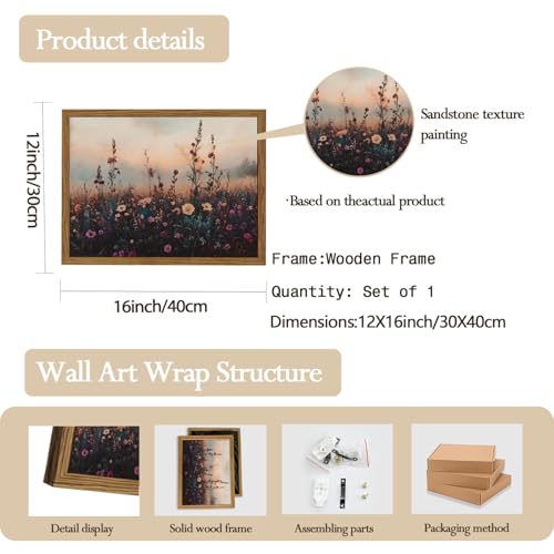Vintage Flower Wall Art, Dark Floral Wall Decor Painting, Framed 3D Textured Hand Drawn Sandstone Farmhouse Landscape Pictures Artwork for Living Room Bedroom 12x16 inch Wood Frame - color: Color F, size: 16"L x 12"W