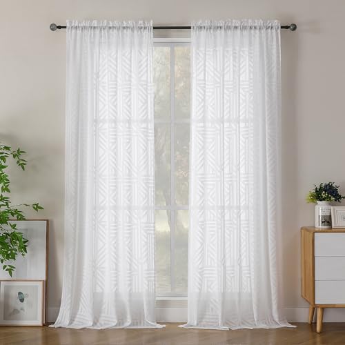 Simplebrand Semi Sheer White Curtains 90 Inches Long 2 Panels, Light Filtering Geometric Jacquard Clip Textured Sheer Curtains for Living Roon，Modern Elegant Window Curtains Drapes, 52x90 inch - color: White, size: 52"W x 90"L (Pack of 2)