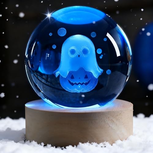 3D Ghost Crystal Ball Night Light,2.36inch Laser Engraved Led Light with Wooden Base, Gifting Box for Birthday Xmas Cool Figurines Gifts for Halloween Room Decor Boys Girls - color: Green