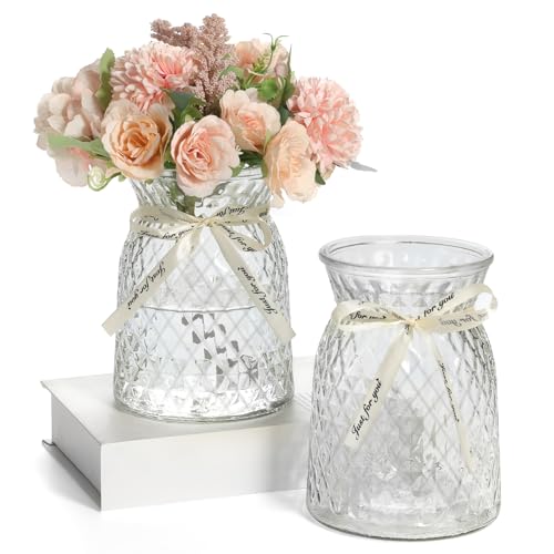 SOJOCK 2PACK Glass Flower Vases(Flowers NOT Included),6.3" High Diamond Pattern Vases,Vintage Vases for Centrepieces,Wedding Decorations,Home Table Flower Decorations - color: Clear