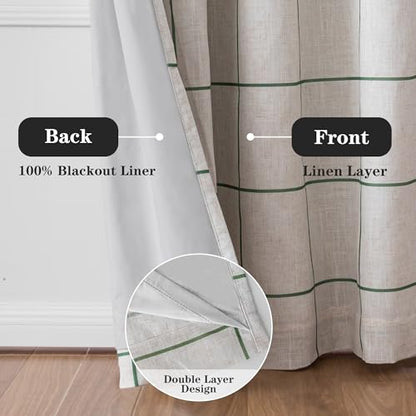 MYSKY HOME 100% Blackout Plaid Linen Curtains 63 Inches Long Double Layer Farmhouse Thermal Insulated Checkered Print Drapes with Rod Pocket Back Tab for Bedroom Living Room, 2 Panels, 52"Wide, Green - color: Green, size: 52"W x 63"L (Pack of 2)