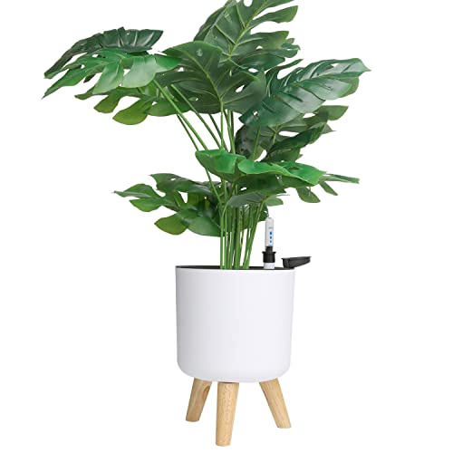 6.5" Self Watering Planters (2 Pack) for Indoor Plants with Water Indicator, White Modern Flower Pot with Wood Stand for Office Home Decor Garden - size: 2 Pack - Middle Size