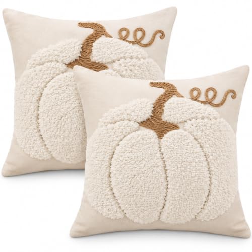 2Pack 18x18in Decorative Cozy Pumpkin Tufted Embroidery Stereo Sofa Pillow Covers for Home Decor, Sofa Living Room, Couch, Bed. 45x45 cm. (Cream Tufted Pumpkin) - color: Cream Tufted Pumpkin