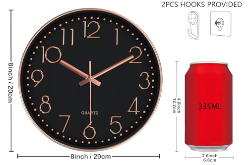 Silent Wall Clocks Battery Operated 8 Inch, Analog Wall Clock with Oversized Number Tempered Glass Clock Face, Non Ticking Wall Clocks for Living Room Bedroom Kitchen Office, Black Rose Gold - color: Black Rose Gold, size: 8 Inch