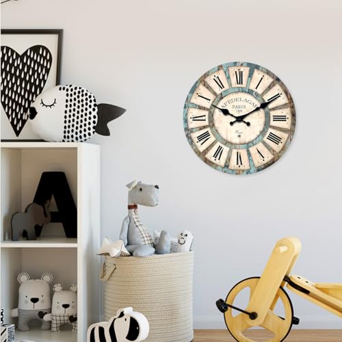 Farmhouse Wood Silent Wall Clocks Battery Operated 20 Inch - color: Blue1, size: 20 Inch