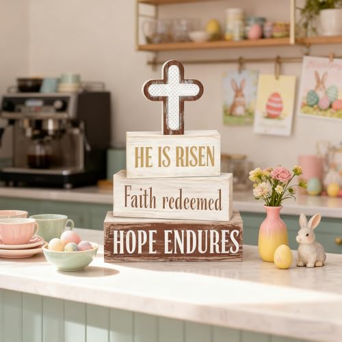 Easter Decorations - He Is Risen Cross Tiered Tray Decor - Faith Redeemed Religious Wooden Tabletop Sign - Farmhouse Easter Christian Home Decor Indoor - Spring Home Decor for Living Room, Kitchen Counter, Seasonal Farmhouse Display - style: Cross