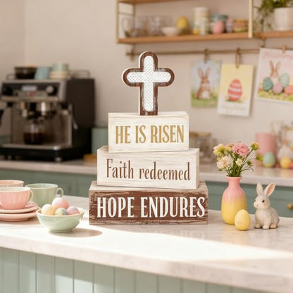 Easter Decorations - He Is Risen Cross Tiered Tray Decor - Faith Redeemed Religious Wooden Tabletop Sign - Farmhouse Easter Christian Home Decor Indoor - Spring Home Decor for Living Room, Kitchen Counter, Seasonal Farmhouse Display - style: Cross