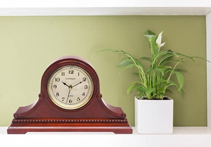 Mantel Clock, Battery Operated, Silent Wood Table Clock with Westminster Chimes, Maroon Arabic Numerals, 9" x 16" x 3" - color: Maroon Arabic Numerals