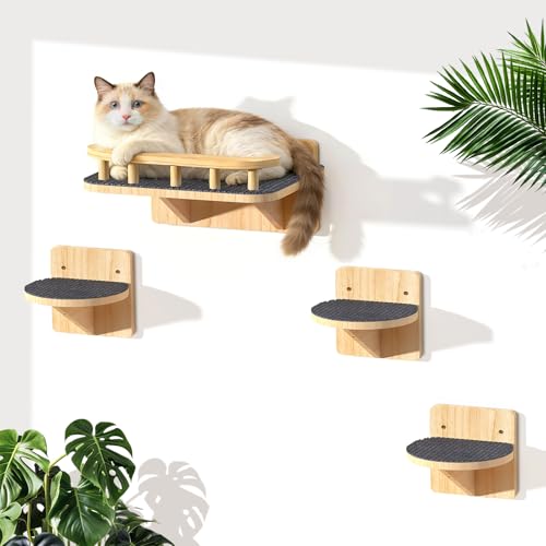 Cat Wall Shelves with 3 Steps, Floating Cat Shelves for Wall with Wide Perch, Modern Wood Wall Mounted Furniture up to 15lbs, Climber Shelf for Small/Medium Cats Sleeping,Jumping, Playing - size: Rectangular