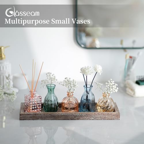 Glasseam Glass Bud Vases for Flower: 5 Pcs Small Vases with Wooden Tray - color: Colorful-embossed