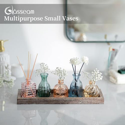 Glasseam Glass Bud Vases for Flower: 5 Pcs Small Vases with Wooden Tray - color: Colorful-embossed