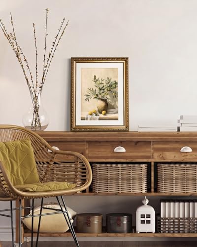 VIYYIEA Gold Framed Olive Branch Canvas Wall Art Mediterranean, 13×16 Inch - color: Olive Branch Still Life, size: 16"L x 13"W
