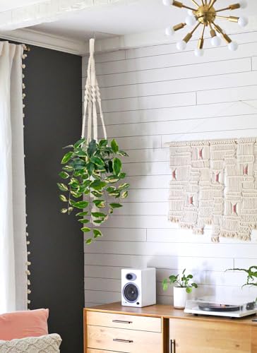 Briful Artificial Hanging Plant Indoor, Macrame Plant Hanger with Fake Pothos Plant in White Pot, Faux Hanging Plant for Home Ceiling Farmhouse Kitchen Decor