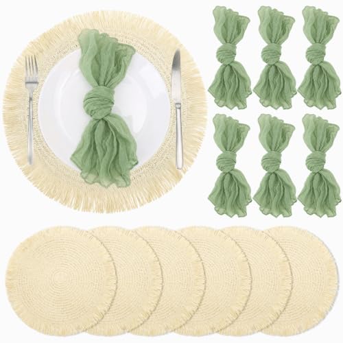 6 Sets Boho Woven Table Placemats Sage Green Cheesecloth Napkins - color: Sage Green