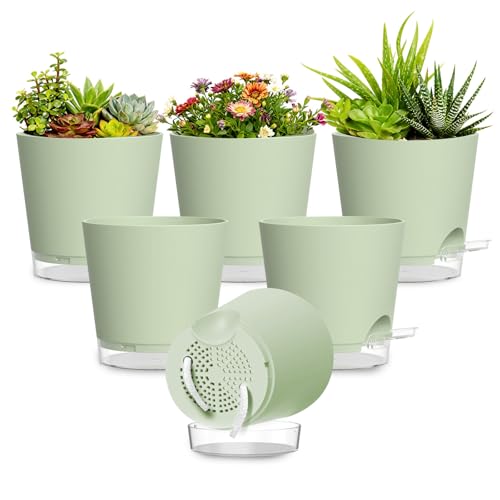 Plant Pots 4 Inch Self Watering Pots,6 Pack Plastic Planters with Drainage Holes and Clear Saucers,Plastic Flower Pots,Nursery Planting Pot for Indoor Out Door Plants (Green) - color: Green, size: 4 inch