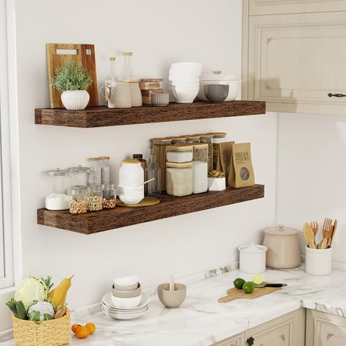 Acovy 48 Inch Floating Shelves, 12" Deep Floating Shelf Wall Mounted, 48" Wall Shelves, Rustic Deep Bookshelf, Extra Deeper & Thicker Display Shelves for Bedroom, Living Room, Brown, Set of 2 - color: Brown, size: 12"Wx48"L-2pcs