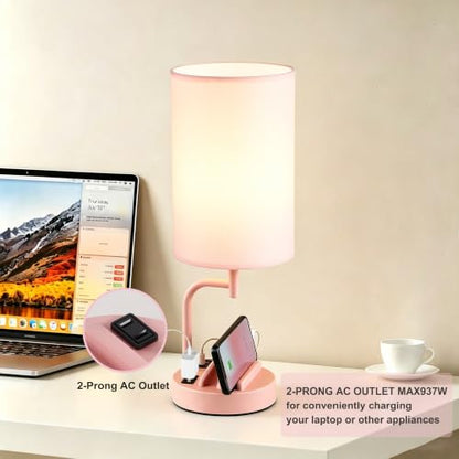 Dreamholder Touch Control USB Table Lamp with USB C/A & AC Outlet, 3-Way Dimmable Bedside Lamp, Modern Nightstand Lamps for Bedroom Living Room Guest Room Office, Bulb Included, Pink - color: Pink
