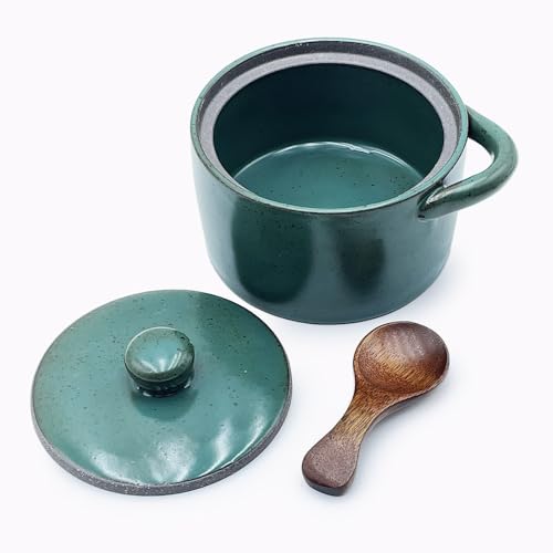 12 oz Ceramic Salt Cellar with Lid & Wooden Spoon,Countertop Salt Container,Sugar Bowl,Spices Jar| Artisan Kitchen Decor(Green B) - color: Green B