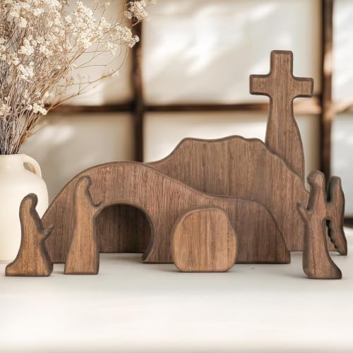 NEROSUN Wooden Empty Tomb Easter Scene and Cross Decoration - color: Wooden Empty Tomb