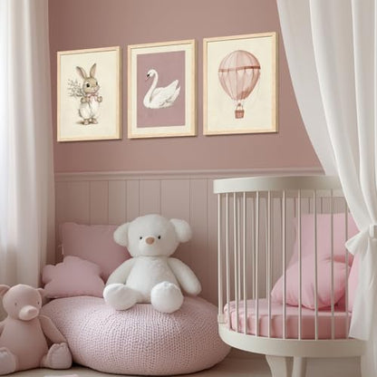 Hianan Wood Framed Pink Cute Bunny Nursery Wall Art Set of 3, 16x24 in - color: Bunny(Wood), size: 24"L x 16"W