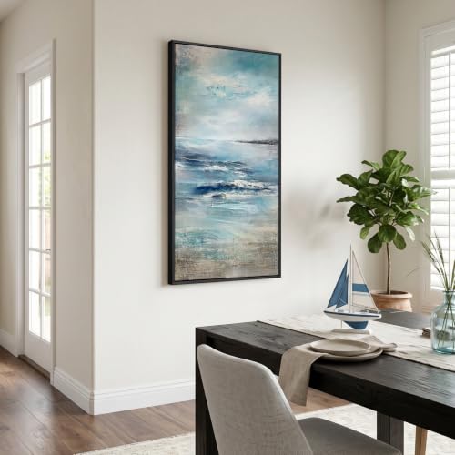 Framed Abstract Coastal Ocean Wall Art, Blue Vertical Art Print, 20x40 Inch - color: Blue White, size: 40"L x 20"W