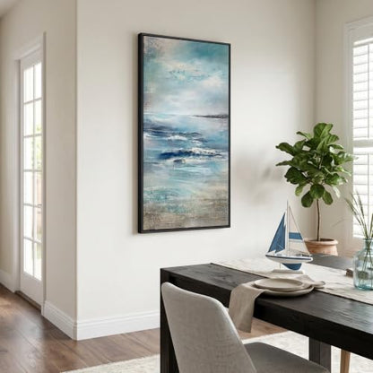 Framed Abstract Coastal Ocean Wall Art, Blue Vertical Art Print, 20x40 Inch - color: Blue White, size: 40"L x 20"W