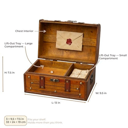 Wooden Treasure Chest with Removable Tray, Pirate Box, Medium 10.5x7x6 in