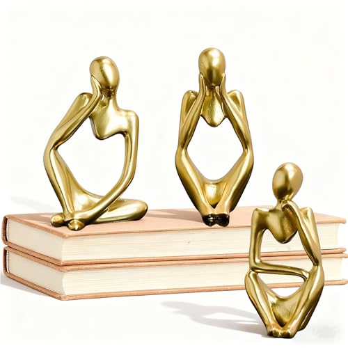 3pcs Thinker Statue Abstract Art Thinker Figurines Gold Home Decor for Living Room, Office, Coffee Table, Bookshelf Decoration, Housewarming Gifts - color: Gold