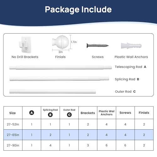 ENJOYBASICS 2 Pack 28-60" No Drill Curtain Rods, Renter Friendly, White - color: White, size: 27-65"